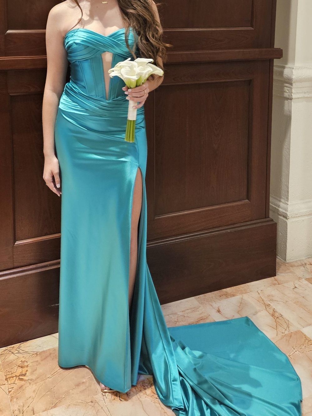 STACEES Strapless Teal Satin Evening Gown